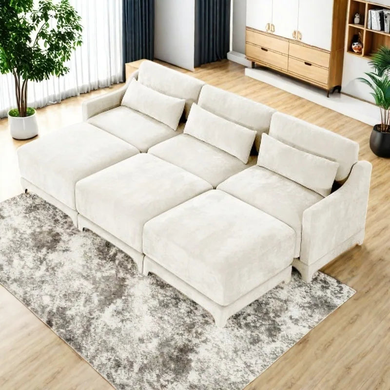 Modern Chenille 4-Seater Sofa with 2 Ottoman, Lumbar Cushions, Ergonomic Backrest, High-Resilience Spongeand Tufted Armrests