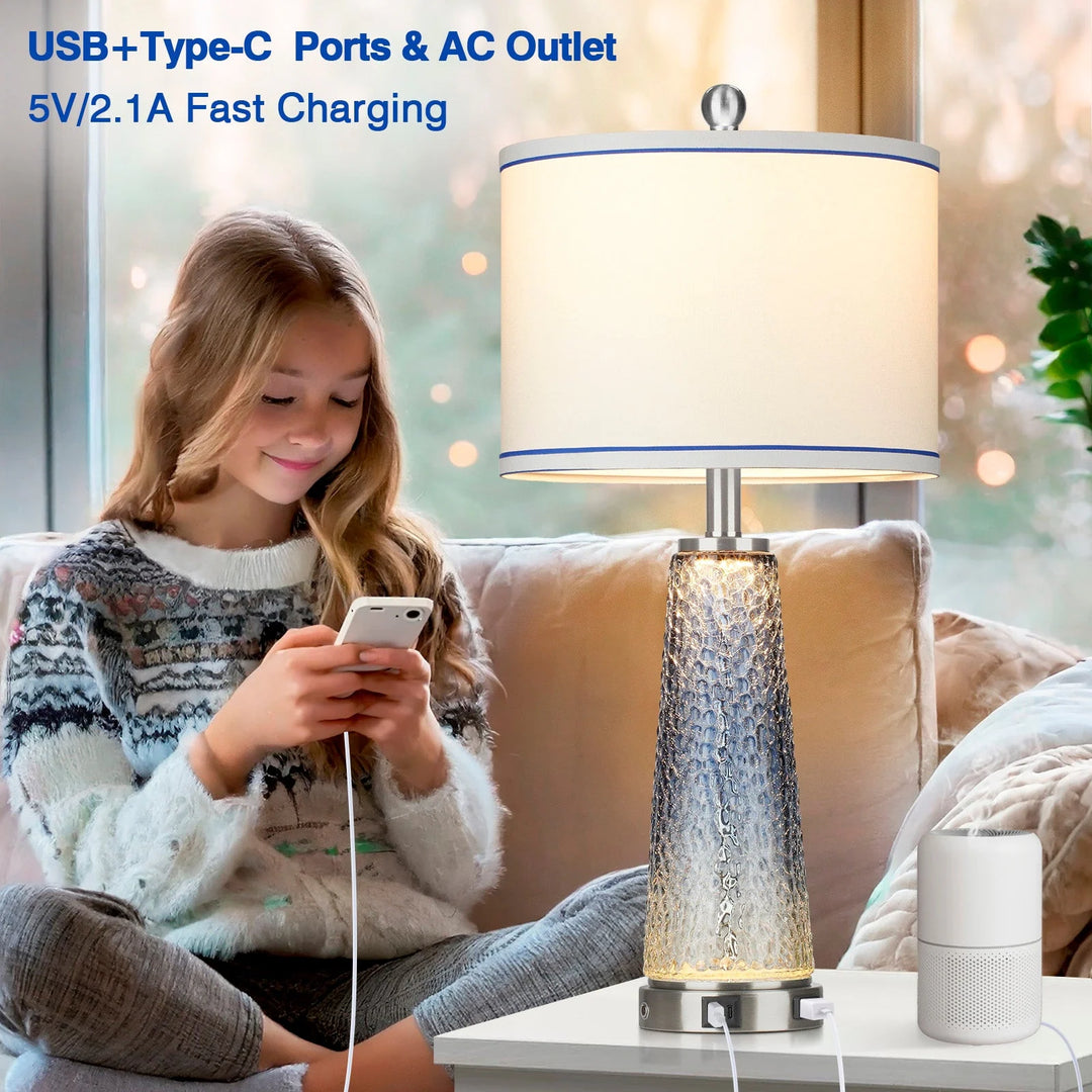 Set of 2 Blue Glass Table Lamps with 2-In-1 Nightlight, USB Ports, and Touch Control