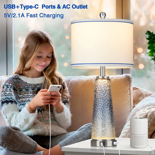 Set of 2 Blue Glass Table Lamps with 2-In-1 Nightlight, USB Ports, and Touch Control