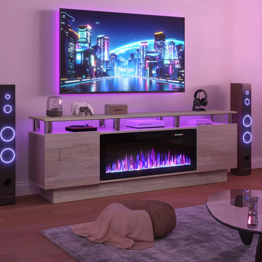 70" Modern Electric Fireplace TV Stand, with Electronic Flame and LED Lights, High Gloss Finish Entertainment Center