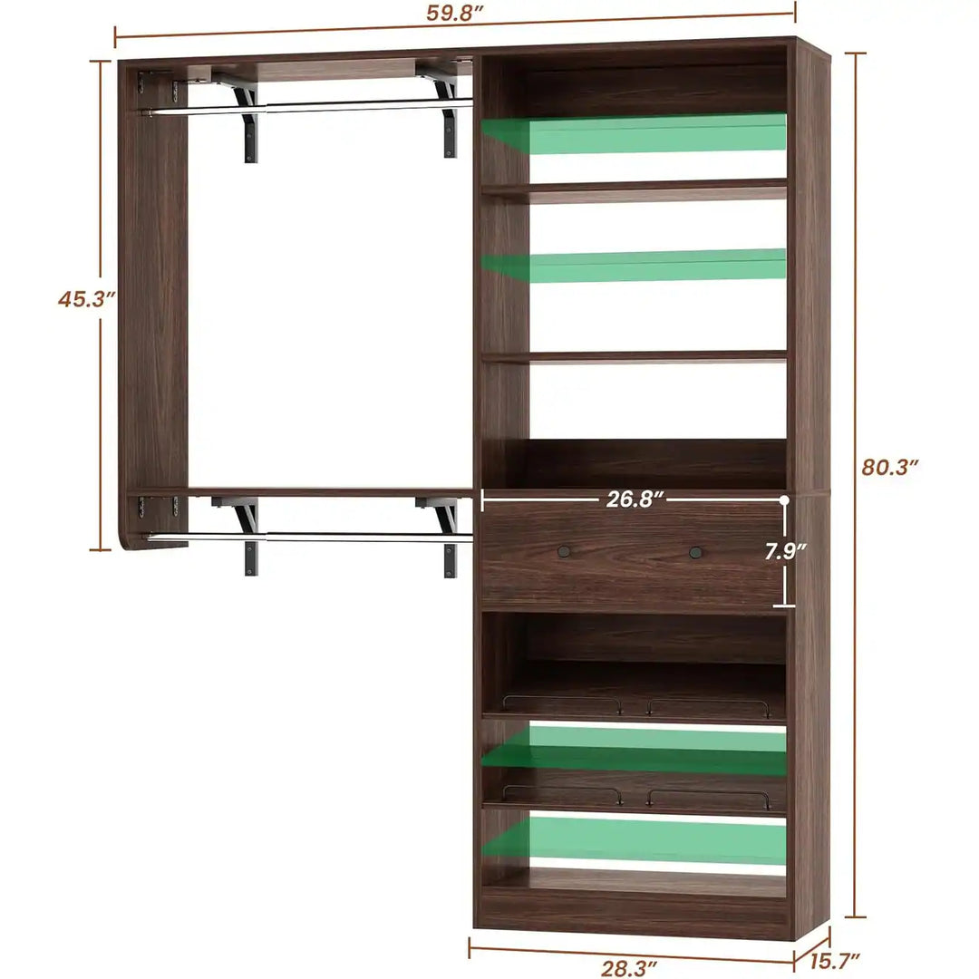 5FT Closet System with 2 Hanging Rods and Wooden Drawer, Walk-In Closet Organizer with 2 Wing Shelve and Adjustable Rack Shelves
