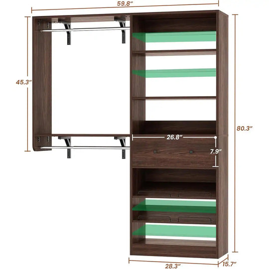 5FT Closet System with 2 Hanging Rods and Wooden Drawer, Walk-In Closet Organizer with 2 Wing Shelve and Adjustable Rack Shelves