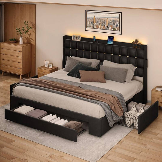 Queen/King Size Velvet Upholstered Bed with Charging Station and Storage Drawers