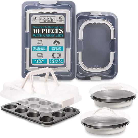 Baking Pans Set 10 Piece Non-Stick Cake Pans with Carry Lids for Storage & Travel, Perfect for Parties Stackable