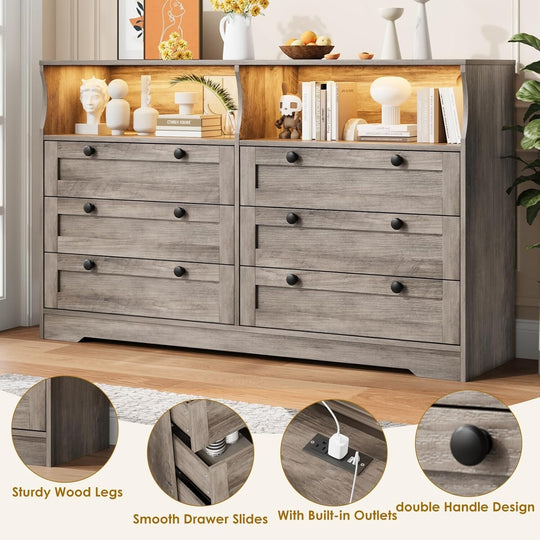 55" Black 6-Drawer Wood Dresser, Modern Storage Organizer for Bedroom, Living Room, Closet & Entryway