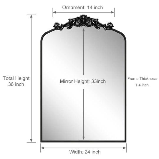 Arched Vintage Wall Mirror and Metal Frame Baroque Style Bathroom Vanity Mirror