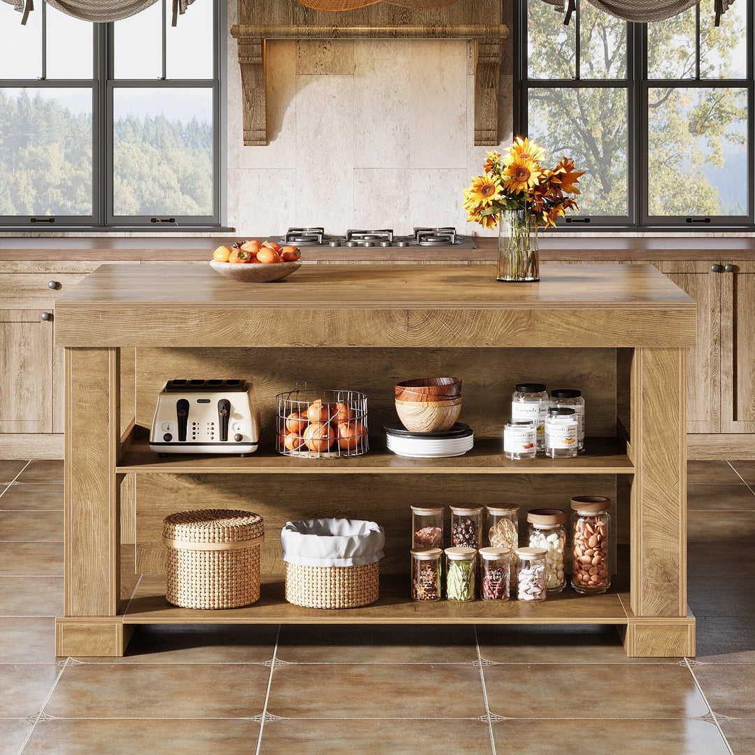 55-Inch Stationary Kitchen Island with Storage Shelves and Large Worktop, Farmhouse Style, Light Brown