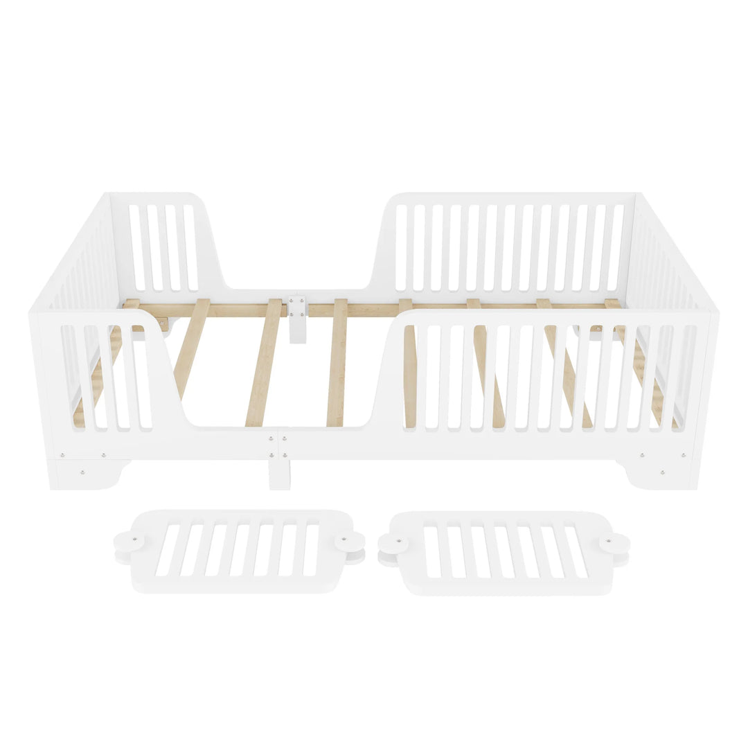 Full Size Montessori Floor Bed Frame with Safety Rails and Removable Door, Low Profile Kids Bed with Slatted Support