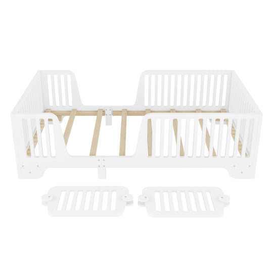 Full Size Montessori Floor Bed Frame with Safety Rails and Removable Door, Low Profile Kids Bed with Slatted Support