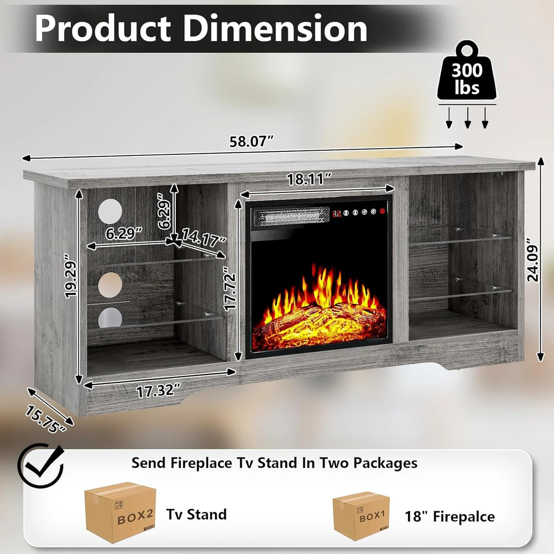58" Fireplace TV Stand with 18'' Electric Fireplace,Modern Entertainment Center for 65'' Tvs,Tv Console