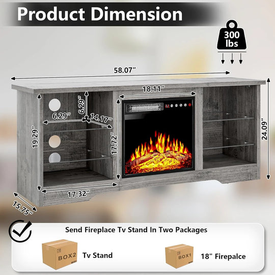 58" Fireplace TV Stand with 18'' Electric Fireplace,Modern Entertainment Center for 65'' Tvs,Tv Console
