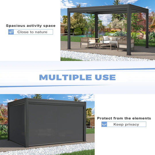 Outdoor Louvered Pergola Gazebo with Adjustable Aluminum Rainproof Roof and Pull-Down Screen
