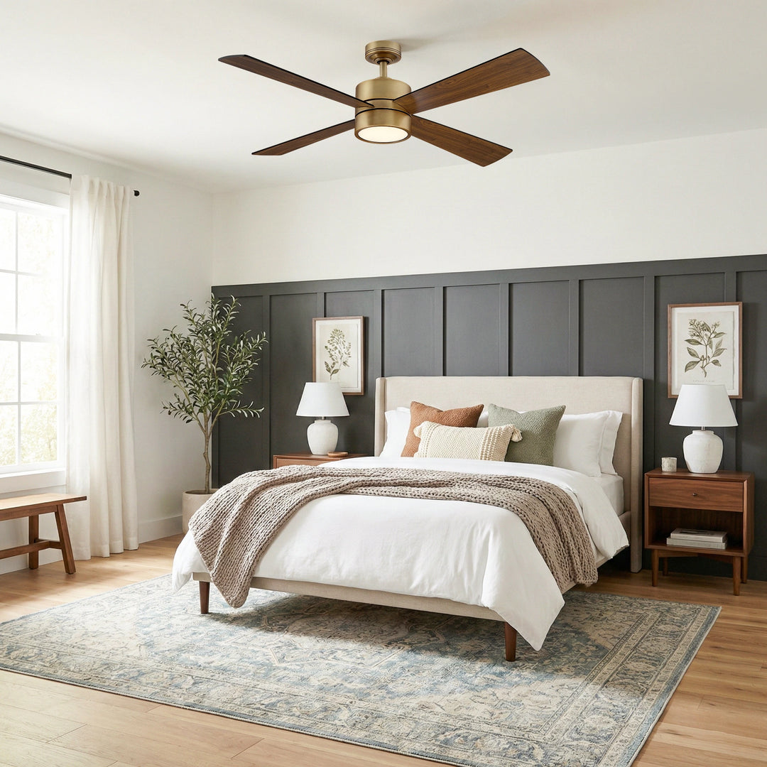 52" Antique Brass Plywood 4-Blade Indoor Ceiling Fan with Light and Remote