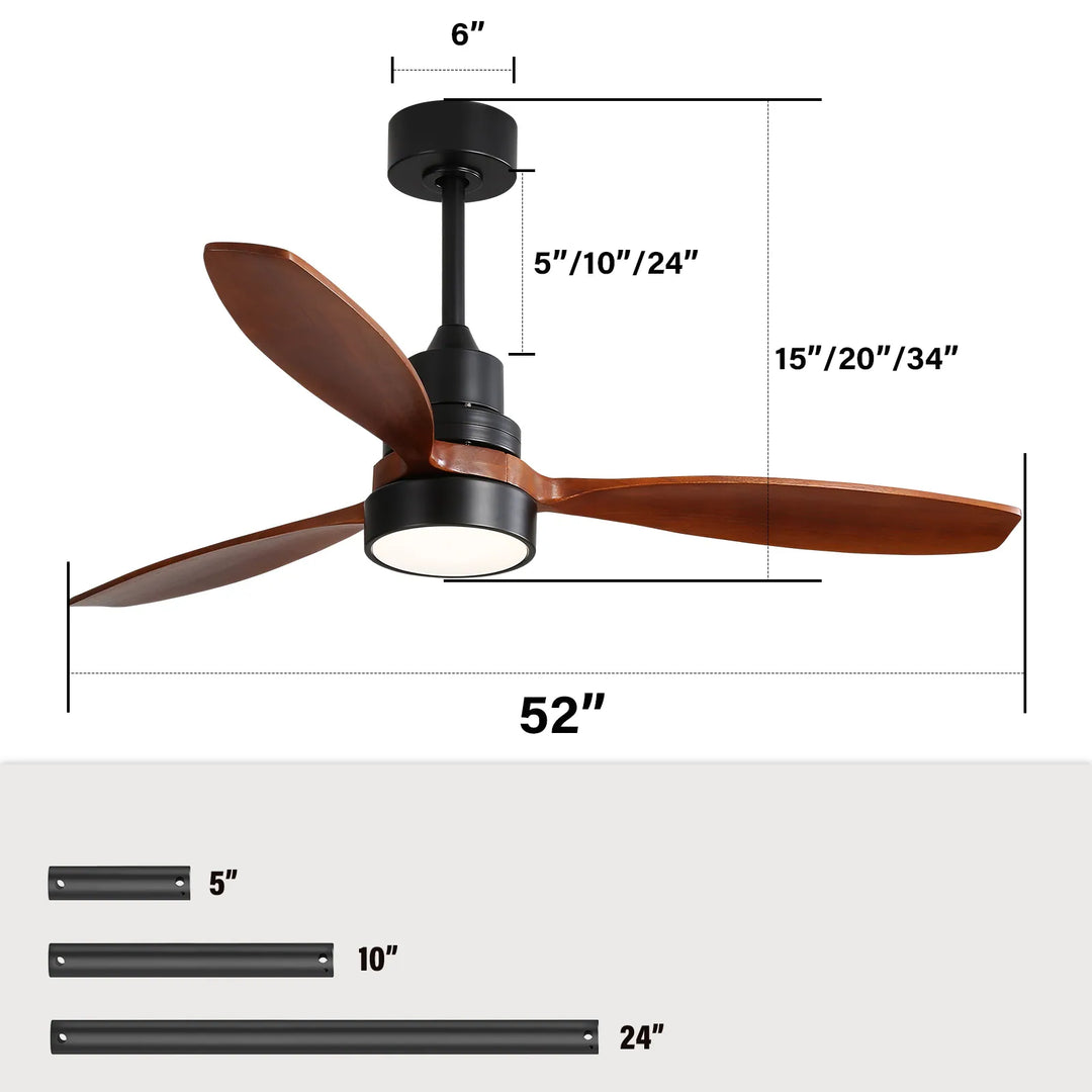 Sofucor 42"/48"/ 52"/60"Noiseless Walnut Wood Ceiling Fan with Remote Control, Integrated Light Optional