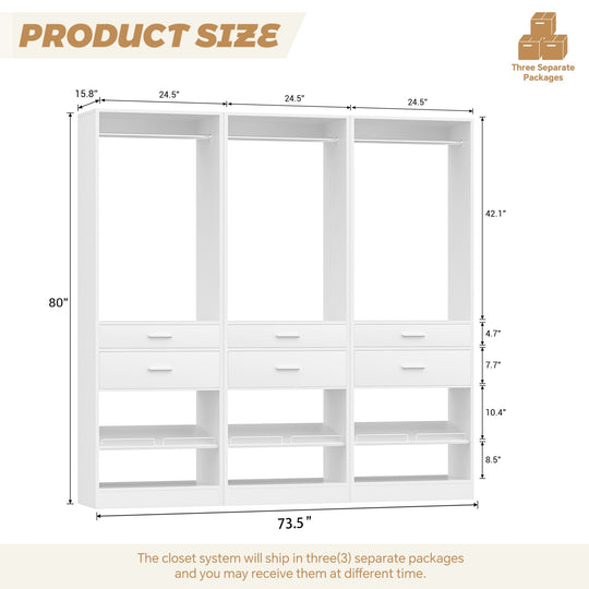 25'' W Freestanding Closet System with 2 Wooden Drawers and Adjustable Shoes Rack and Hanging Rod,Walk-In Closet Organizer