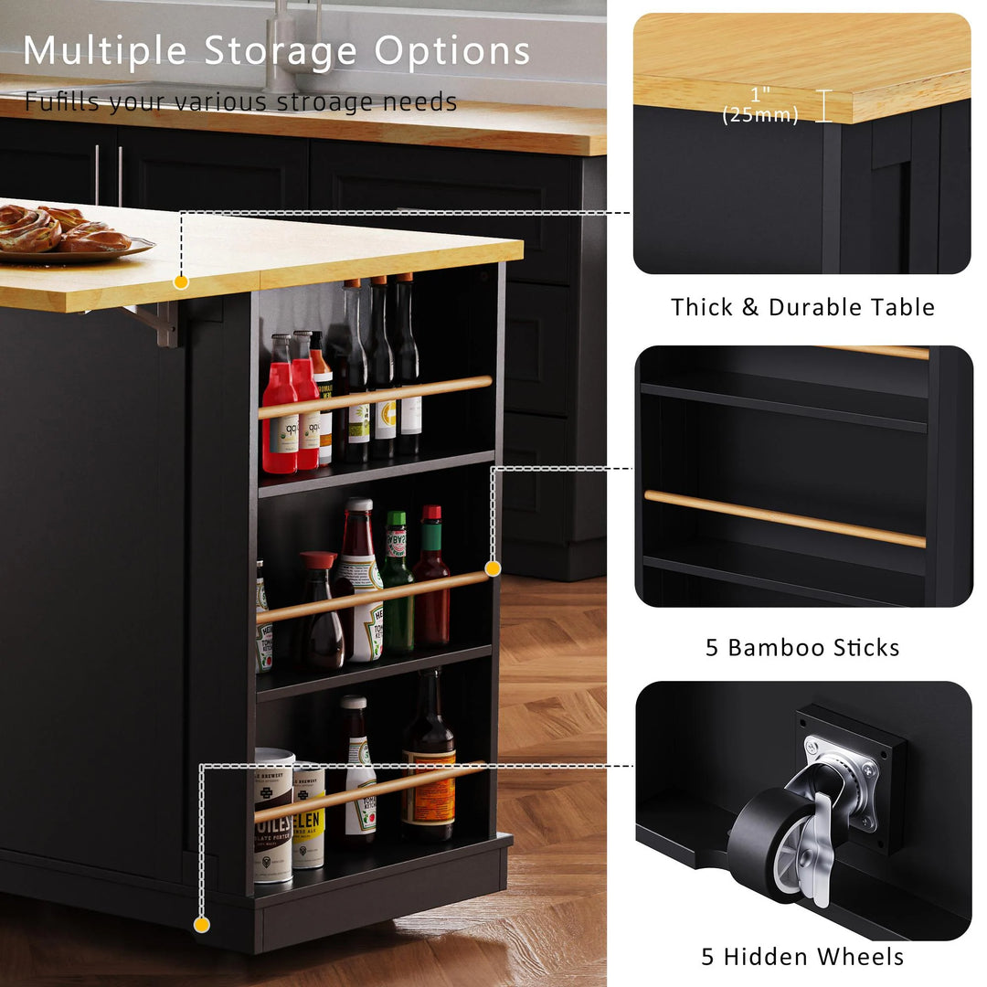 Large Kitchen Island with Drop Leaf,Power Outlet,Door Internal Storage Rack,3 Drawers(Not Include Bar Stools)