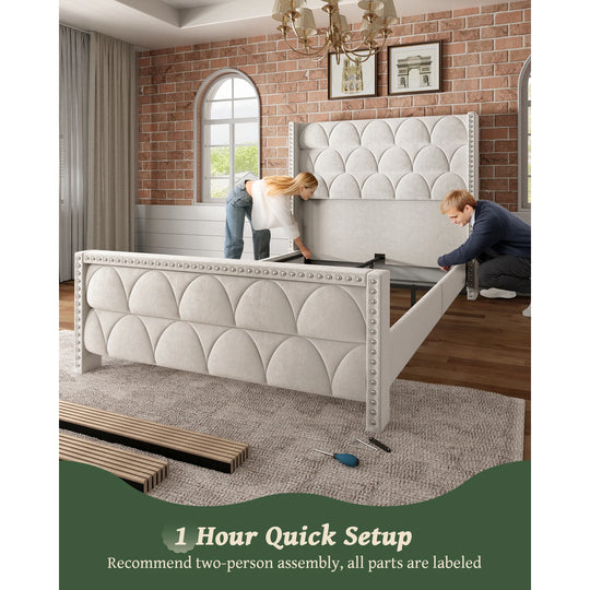 Hansabenne Solid Wood Bed Frame Queen and King Platform Bed Frame with Headboard White and Gray