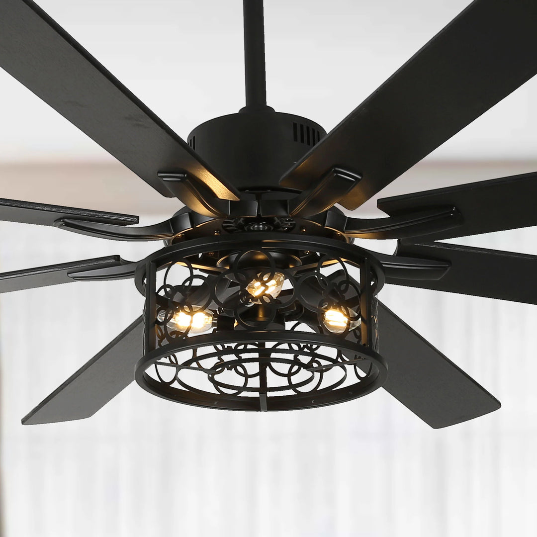 72" Rustic Large Ceiling Fan with Light and Remote 6-Speed 3-Light Farmhouse Metal Caged Black Ceiling Fan