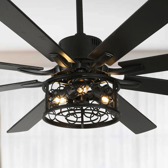 72" Rustic Large Ceiling Fan with Light and Remote 6-Speed 3-Light Farmhouse Metal Caged Black Ceiling Fan