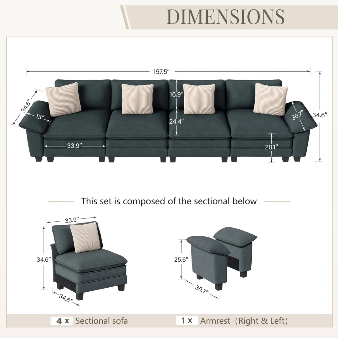 Cloud Modular Deep Seat Sofa, Chenille or Corduroy Sectional Couch with Removable Arms, 1–4 Seater