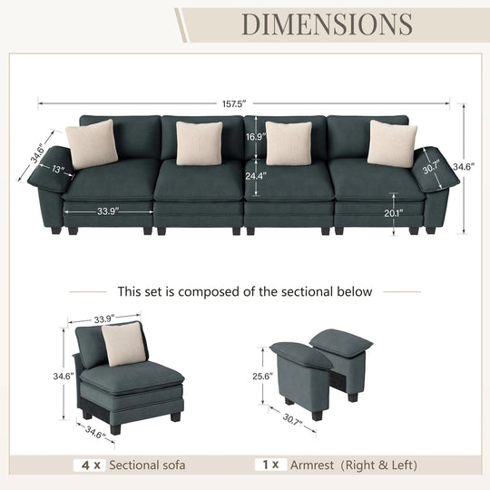 Cloud Modular Deep Seat Sofa, Chenille or Corduroy Sectional Couch with Removable Arms, 1–4 Seater