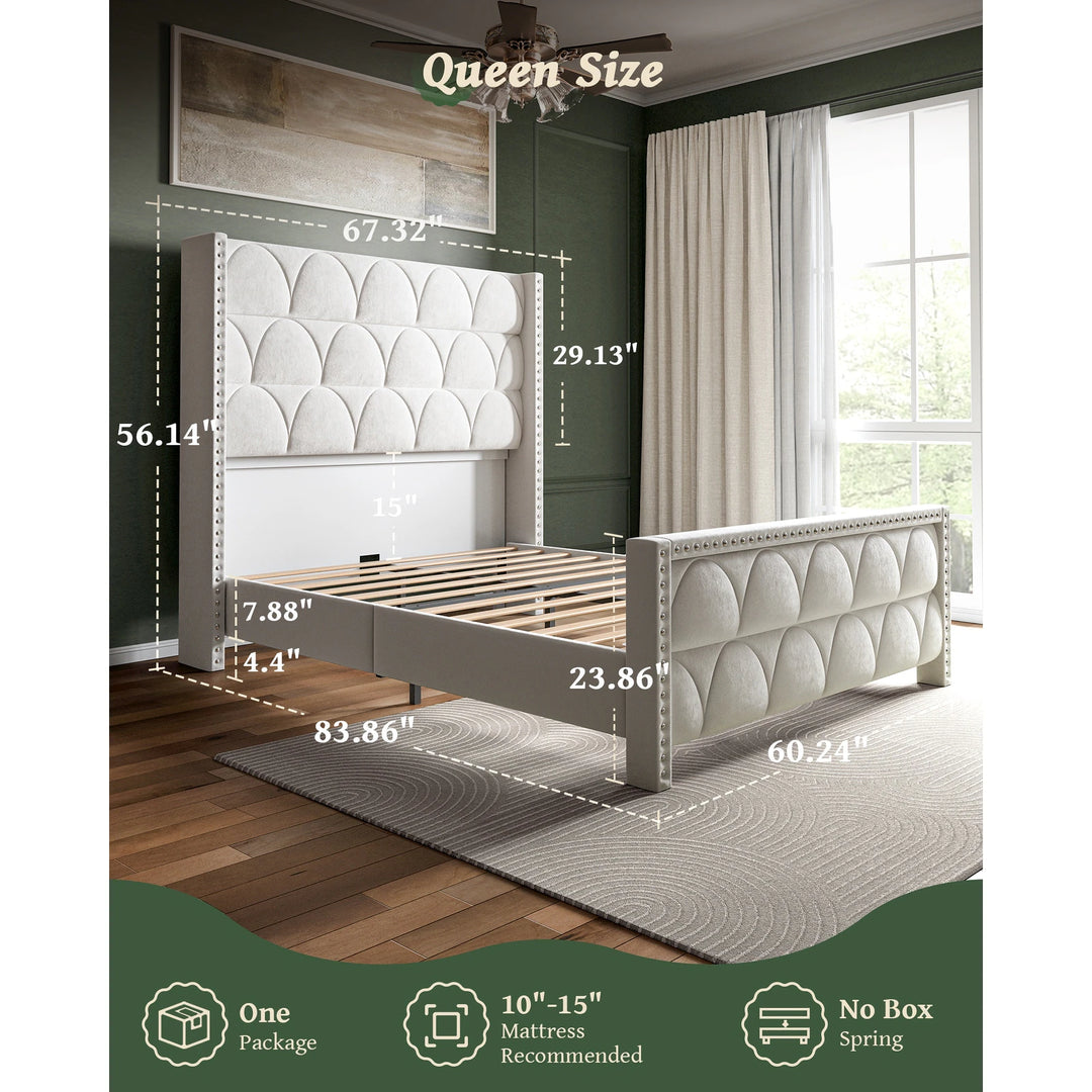Hansabenne Solid Wood Bed Frame Queen and King Platform Bed Frame with Headboard White and Gray