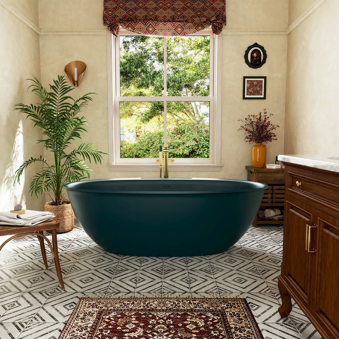 Luxury Flatbottom Solid Surface Freestanding Soaking Bathtub with Discreet Towel Slot and Drain Assembly