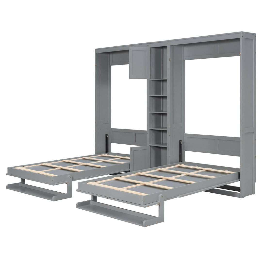 Dual Twin Size Wall Murphy Beds with Cabinets and Shelves, Space-Saving Design