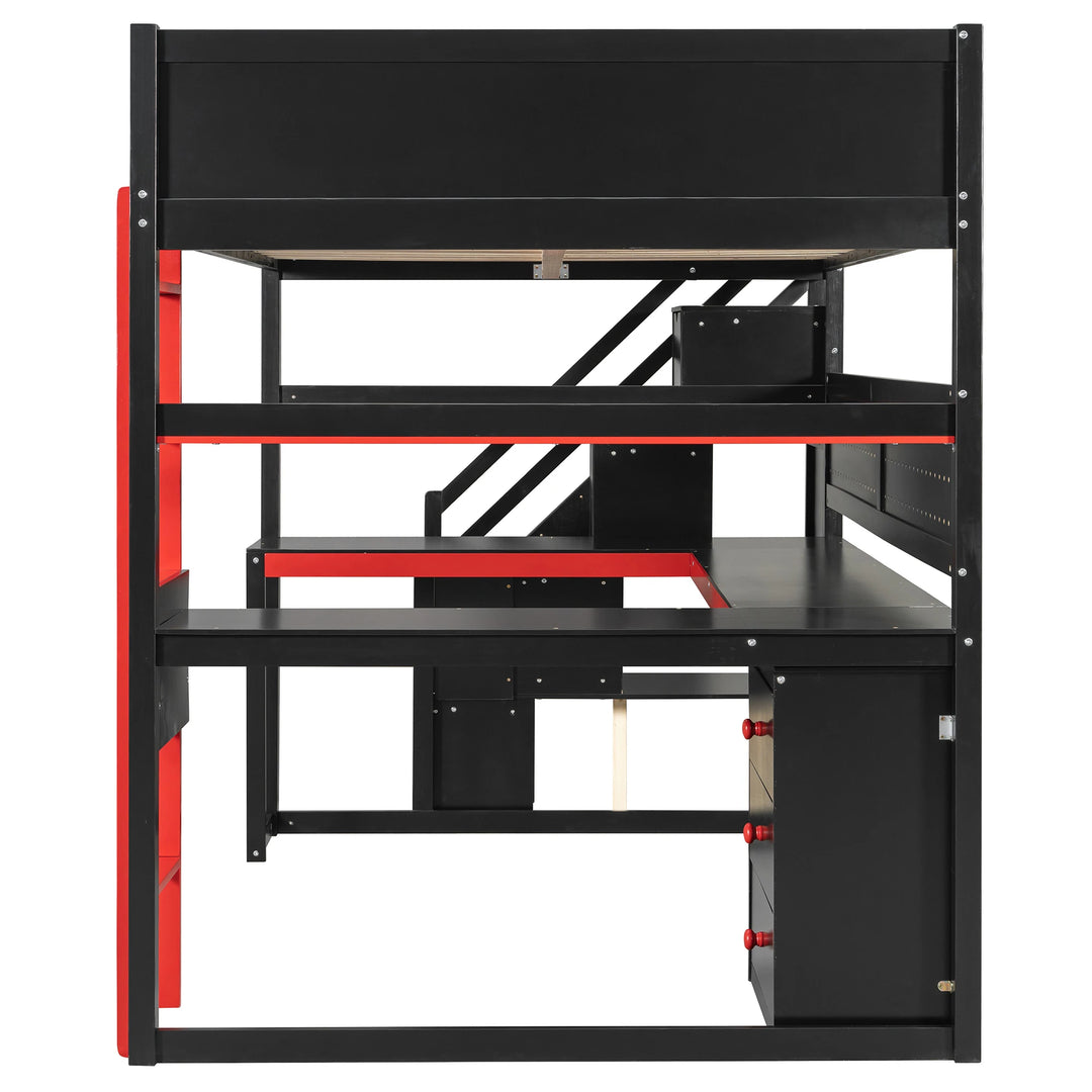 Full Size Wooden Gaming Loft Bed with Storage Stairs, Desk, Shelves and Pegboard