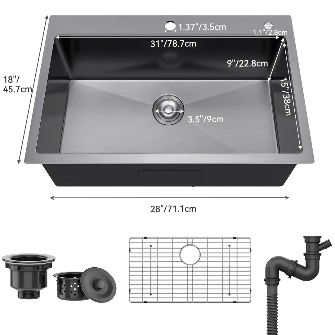 33 Inch Drop in Kitchen Sink Top Mount Stainless Steel Black Sink W/Sink Protector Single Bowl Drop-In Sink for Workstation