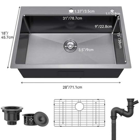 33 Inch Drop in Kitchen Sink Top Mount Stainless Steel Black Sink W/Sink Protector Single Bowl Drop-In Sink for Workstation