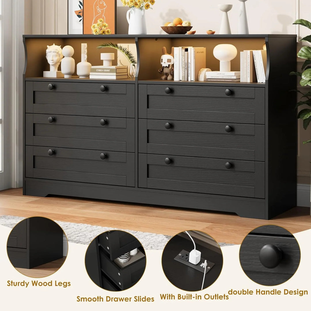 55" Black 6-Drawer Wood Dresser, Modern Storage Organizer for Bedroom, Living Room, Closet & Entryway