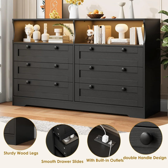 55" Black 6-Drawer Wood Dresser, Modern Storage Organizer for Bedroom, Living Room, Closet & Entryway