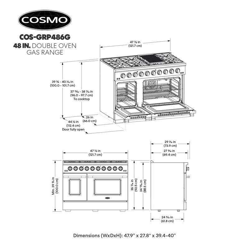 48 In. Vista Collection 5.5 Cu. Ft. Double Oven Gas Range, 8 Italian Burners, LED Panel, Cast Iron Grates, Stainless Steel