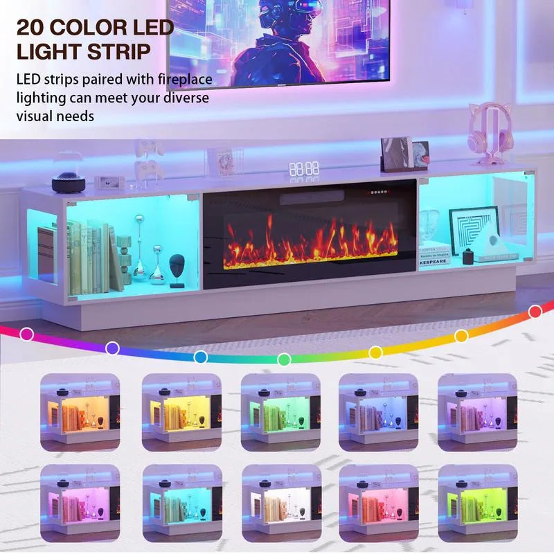 80" Fireplace TV Stand with Adjustable LED Lights, Modern Entertainment Center with Glass Door Storage Cabinet, Black