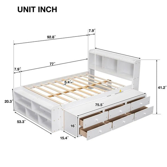 Storage Platform Bed with Bookcase Headboard,Drawers and Bed End Storage Case,Full Size