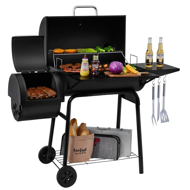 30" Barrel Charcoal Grill with Smoker and Side Table