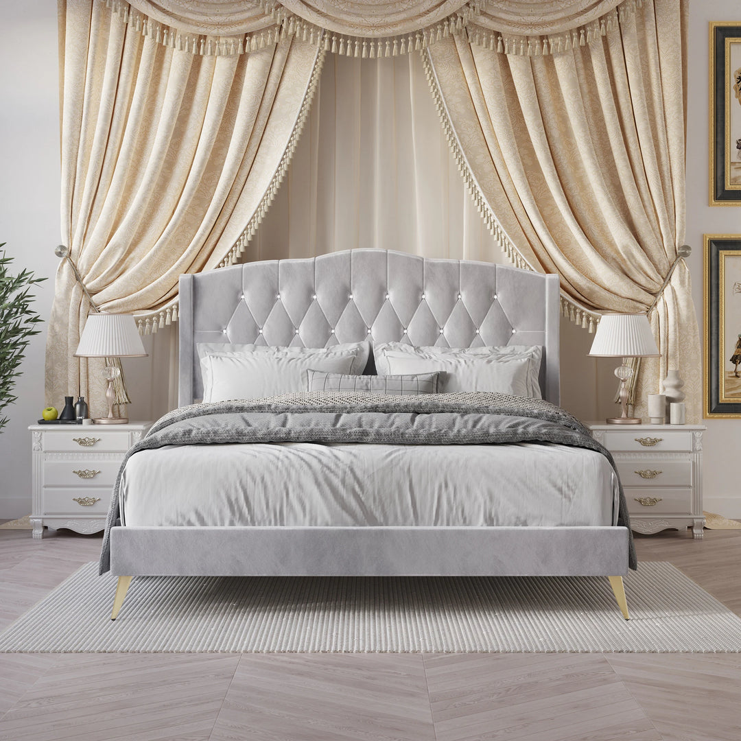 Velvet Diamond Button Tufted Upholstered Platform Bed