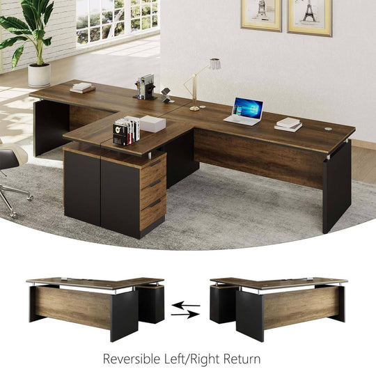 WESOME 63-Inch L Shaped Executive Desk, Industrial Modern Office Desk with 3 Storage Drawers