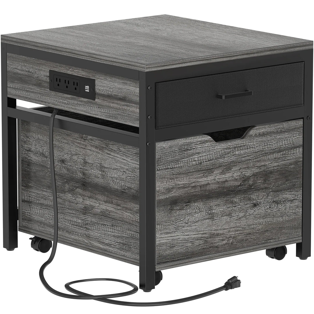 Mini Fridge Stand with Charge Station, Side/ End Table with Storage Drawers and Rolling Cabinet
