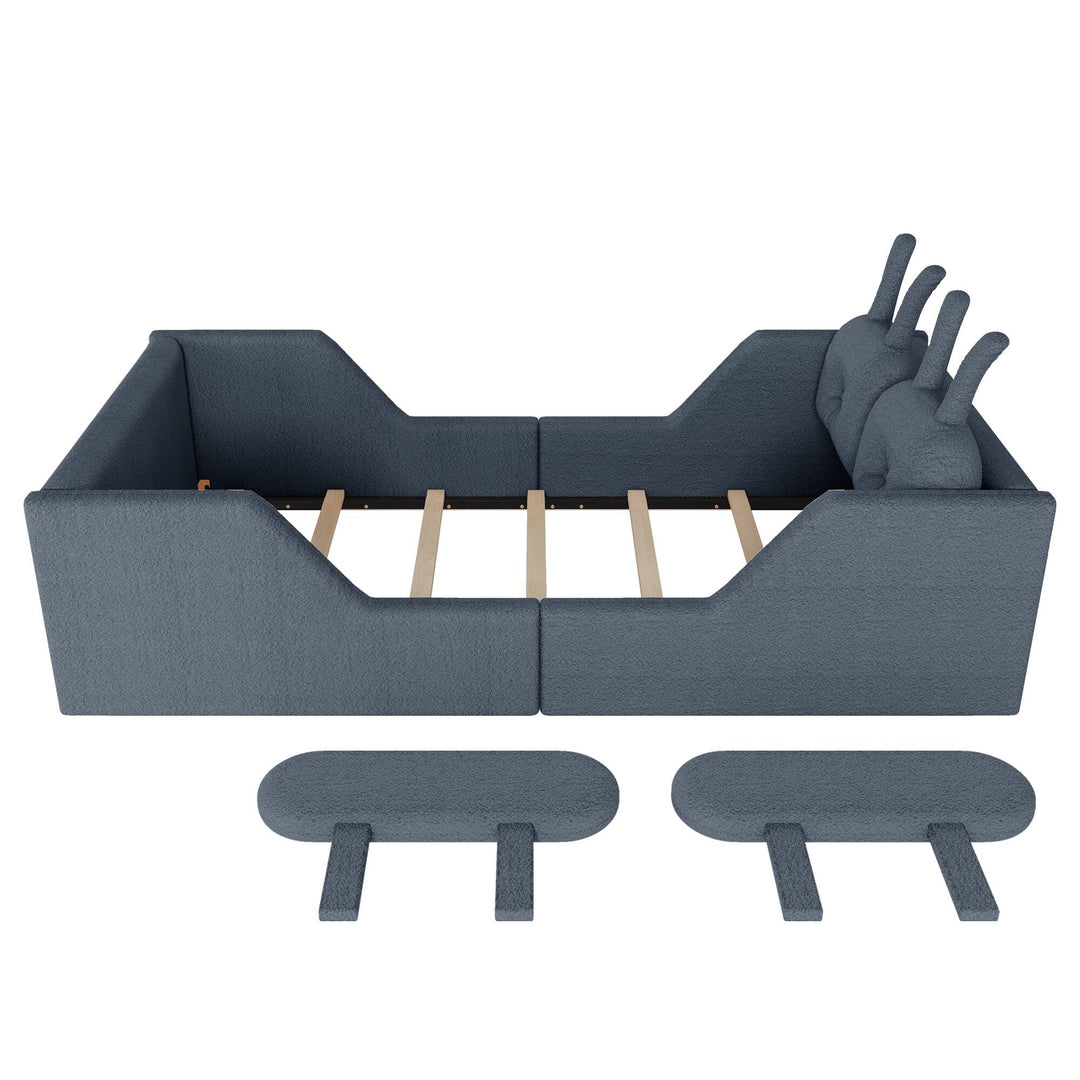 Twin Size Upholstered Platform Bed with Rabbit Cushion, Floor Upholstered Bed with Removable Side Rails
