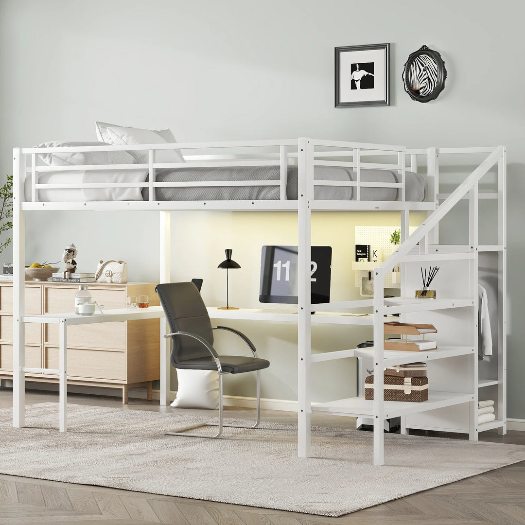 Queen Size Esports Gaming & Work Loft Bed with L-Shaped Desk, USB, LED, Wardrobe and Adjustable Shelf, Versatile Metal Bed Frame