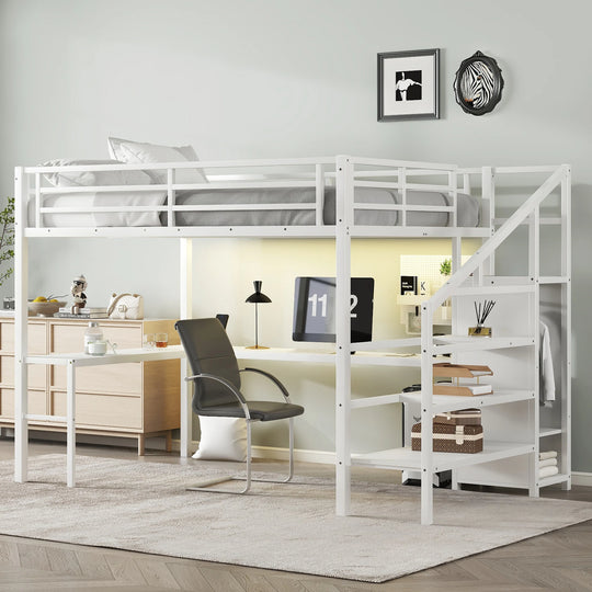 Queen Size Esports Gaming & Work Loft Bed with L-Shaped Desk, USB, LED, Wardrobe and Adjustable Shelf, Versatile Metal Bed Frame