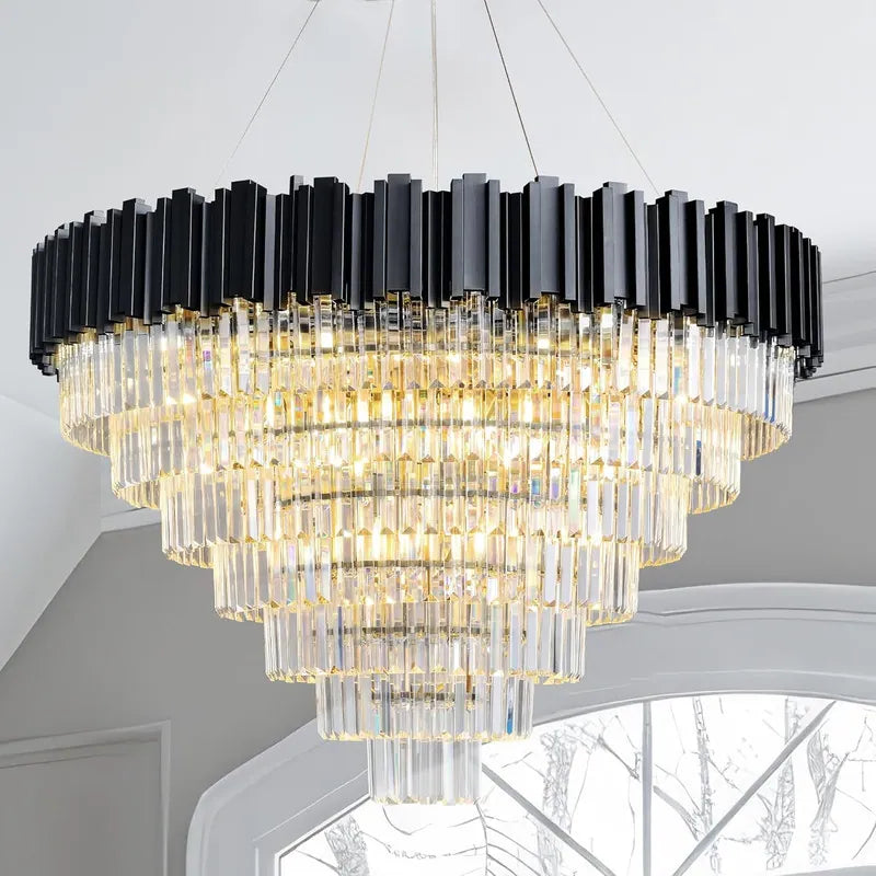 Large Crystal Chandelier - 35.4"Modern 6-Tier 17-Light Chrome Ceiling Light, Luxury K9 Crystal
