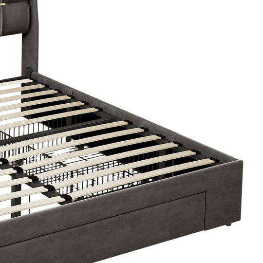 Queen/King Size Velvet Upholstered Bed with Charging Station and Storage Drawers