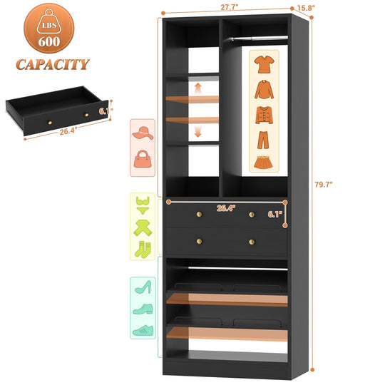 Grimm 28'' Closet Organizer with Shoe Racks and Drawers, Closet System with Hanging Rod and Adjustable Shelves