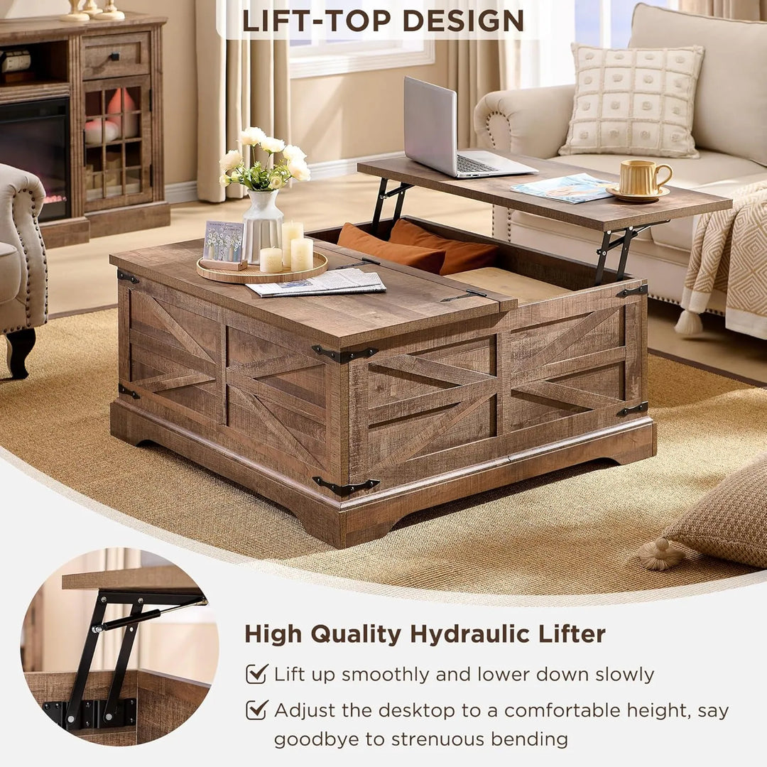 Farmhouse Lift Top Coffee Table with Storage, Wood Square Center Table