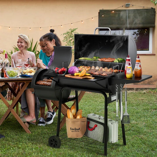 30" Barrel Charcoal Grill with Smoker and Side Table