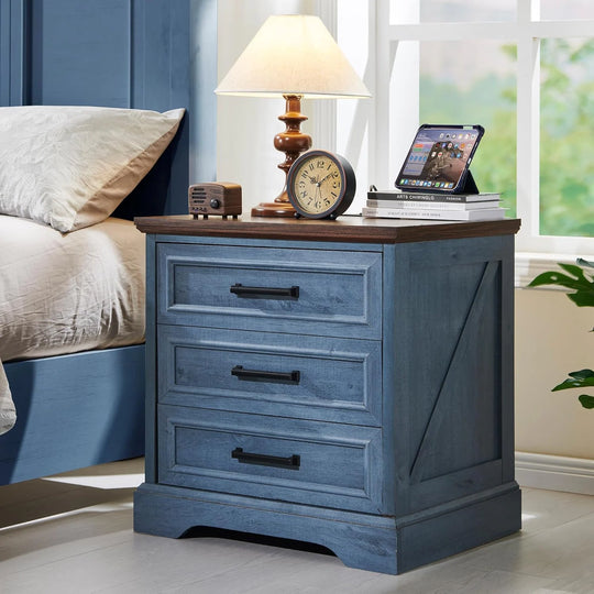 Farmhouse 3-Drawer Nightstand, Wide End Table with Charging Station