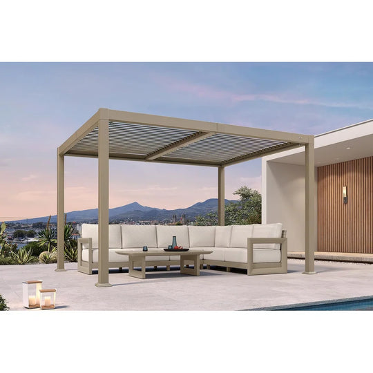 Solar Louvered Pergola with LED String Lights Aluminum Outdoor Pergola with Adjustable Roof for Patio Garden